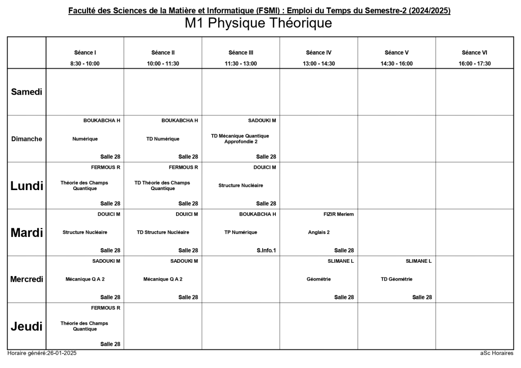 Second Semester Exam Schedule – Department of Physics