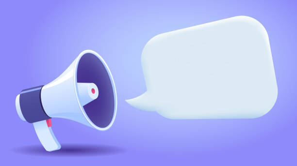 Colourful vector realistic illustration of loudspeaker with speech bubble. Megaphone and message concept. Cartoon 3d illustration for banner, site, print, banner.
